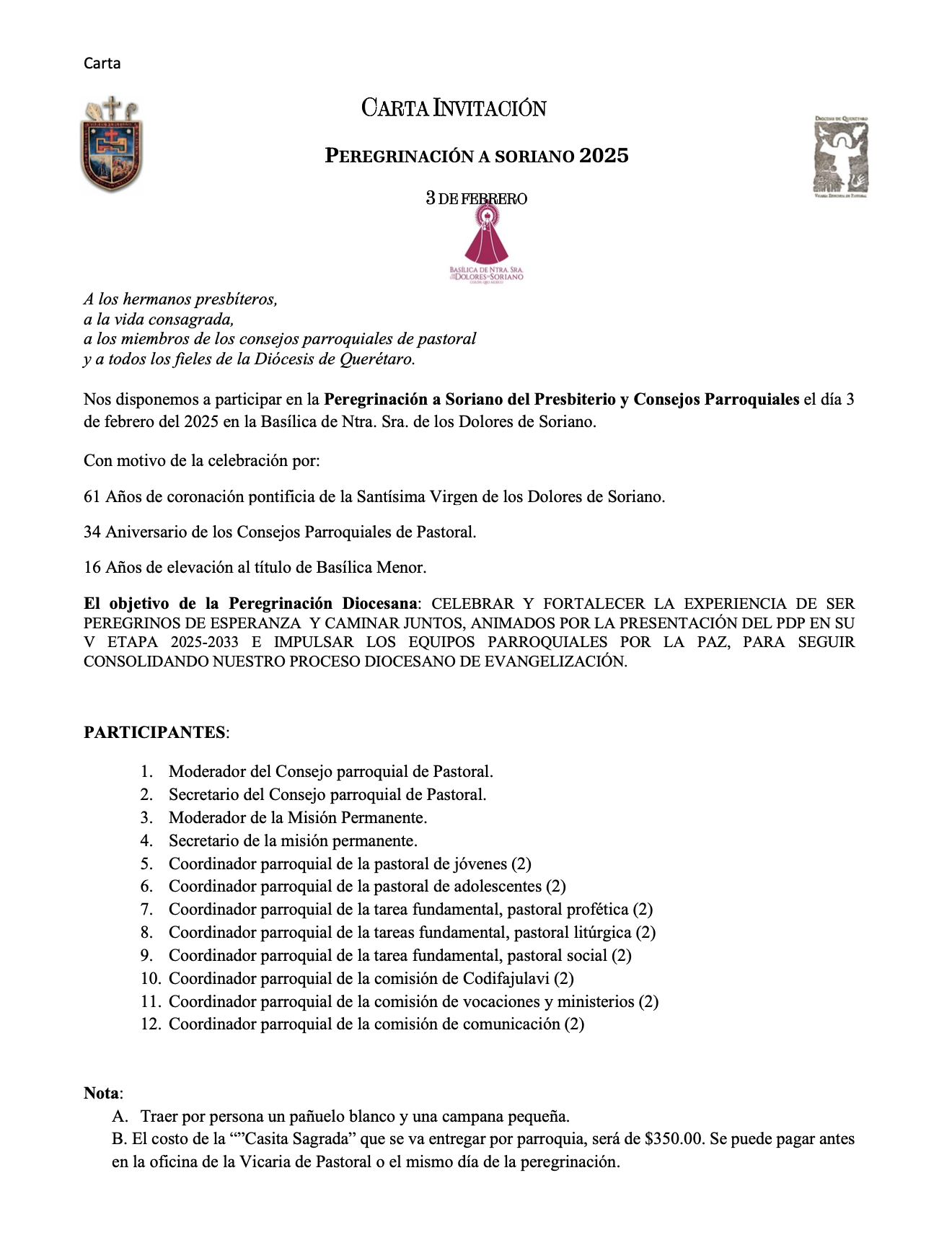Carta invitación a la Peregrinación a Soriano 2025. 3 de enero.